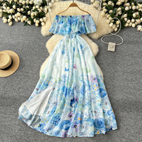 Robe décontractée pour femme à imprimé floral, épaules dénudées, coupe trapèze, taille élastiquée à volants, fendue, longue, idéale pour les vacances à la plage ou le quotidien