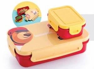 Boîte à lunch MEAL-X 600, jolie boîte à lunch en plastique à deux étages avec motif d'ours, rouge et jaune, pour enfants, portable, empilable, sans BPA - Product Image 4