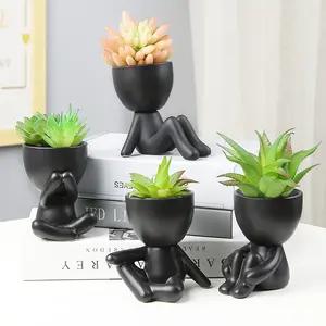 Black white small head pots flower vase home decoration ceramic succulent pot creative human shape mini plant planters