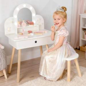 Wooden Pretend Play Makeup <strong>Table</strong> with 11 Accessories White Kids Vanity Set for Girls with Adjustable Brightness Light Mirror - Product Image 1