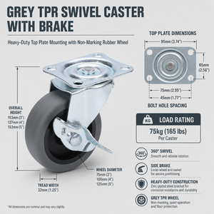 Roue pivotante en acier avec frein latéral, montée sur plaque, robuste, pour meubles - Product Image 2