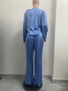 女性用フローラルエレガントVネックサテン長袖トップワイドレッグパンツ<span class=keywords><strong>2</strong></span>ピースセットSeheファッション - Product Image 6