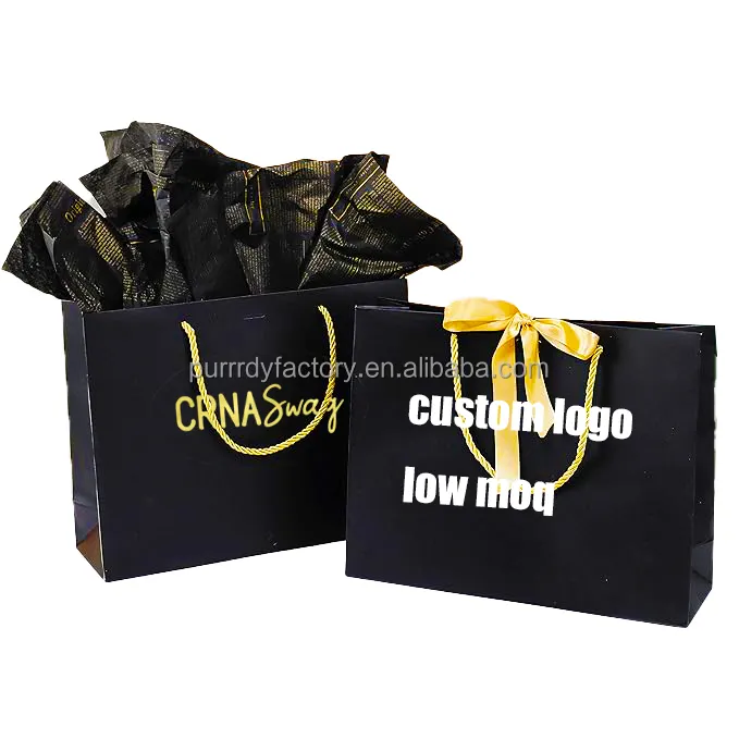 Custom Logo Luxury Black Golden Handles Shopping Bags Gift Wrap Paper Bags with Handles for Business Craft Grocery Wedding