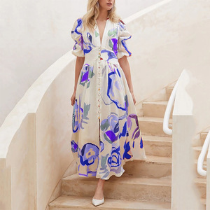 Women V Neck Puff Short Sleeve Maxi <b>Dress</b> All Over Print Front Button Swing <b>Long</b> <b>Beach</b> <b>Dress</b> - Product Image 3