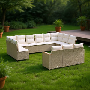 Ensemble de canapés de jardin en rotin beige avec structure en acier thermolaqué, mobilier d'extérieur contemporain, coussins 100 % polyester - Product Image 2