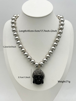 Collier pendentif tête de Bouddha noir plaqué or 18 carats vintage avec perles, chaîne à maillons épais tendance, bijoux pour femme, idéal pour les soirées