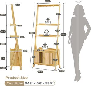 Organizador de almacenamiento de pie, estantería alta y <span class=keywords><strong>estrecha</strong></span>, estantería de bambú de 4 niveles, estante de <span class=keywords><strong>escalera</strong></span> con 6 ganchos y cajones para el hogar y la Oficina - Product Image 3