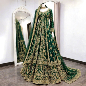 Green Embroidered <b>Jacket</b> with Lehenga Dress With Floral Pattern Traditional <b>Wedding</b> Outfit <b>For</b> <b>Women</b> India Pakistan Style - Product Image 1