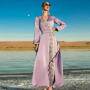 Традиционная мусульманская одежда на заказ, фиолетовая Женская абайя, мусульманское женское платье ручной работы со стразами, Лидер продаж, Женский кафтан для путешествий в Дубае