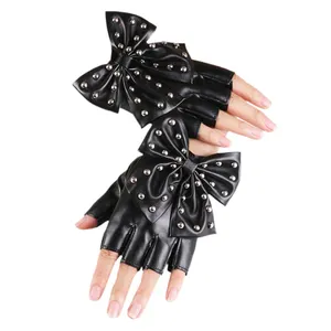 New sexy female punk rock big bow gloves PU leather stage club dance half finger gloves