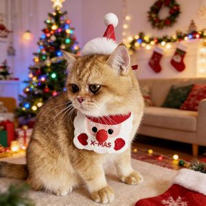 Lindo Conjunto de Disfraz Navideño para Mascotas, Pañuelo, Babero y Gorro para Gatos y Perros Pequeños, Atuendo Navideño para Fiestas, Decoración Festiva - Product Image 3