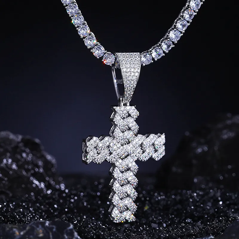 Bling Hiphop bijoux cadeau plaqué or 925 argent Sterling VVS Moissanite glacé pendentif croix cubaine collier pour hommes femmes