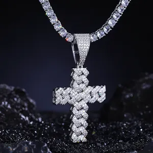 Bling Hiphop Jewelry Gift Gold Plated 925 Sterling Silver VVS Moissanite Iced Out Cuban Cross Pendant Necklace For Men Women