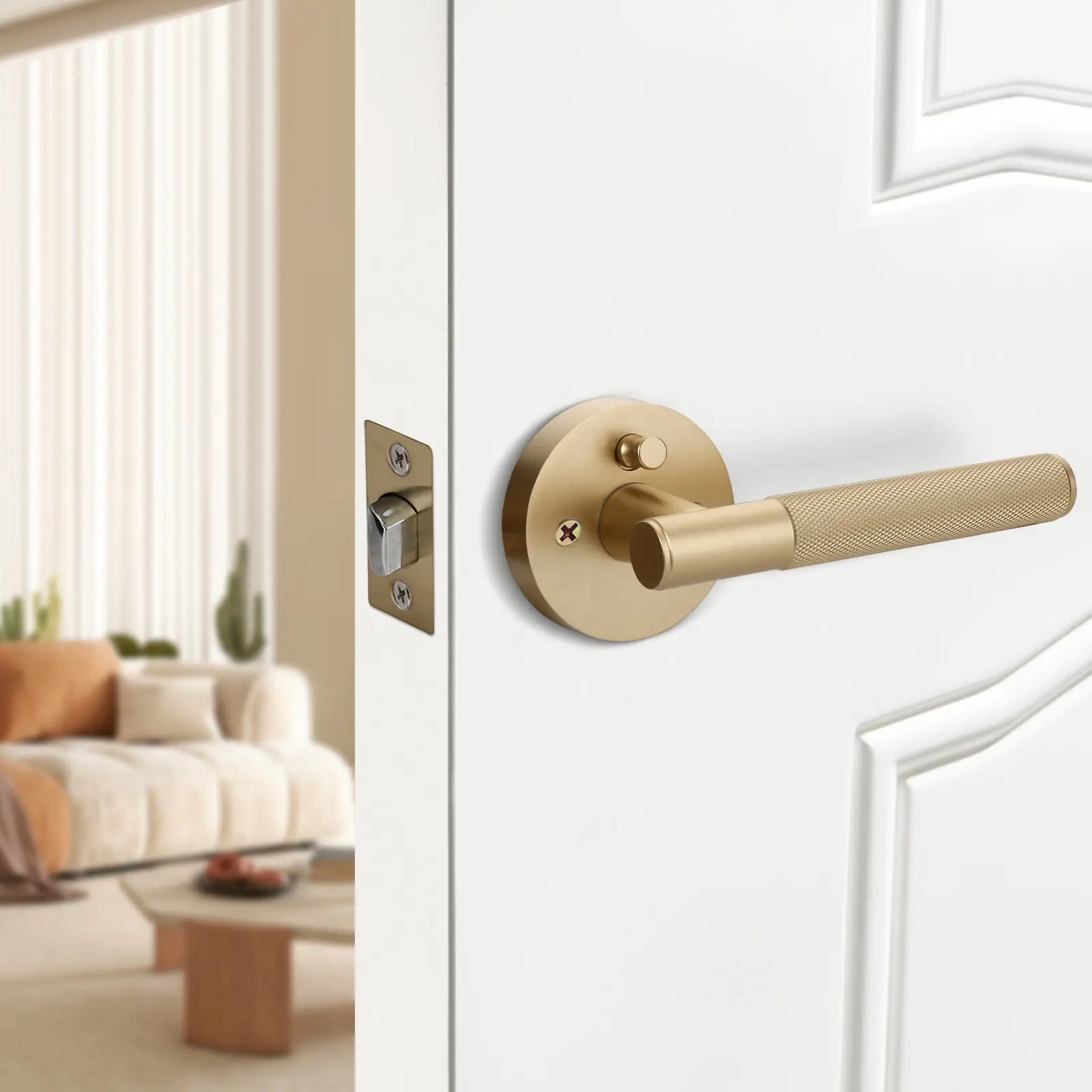 American Painted Matt Gold Interior Door Handle with Privacy Lock for Luxury Home Interiors