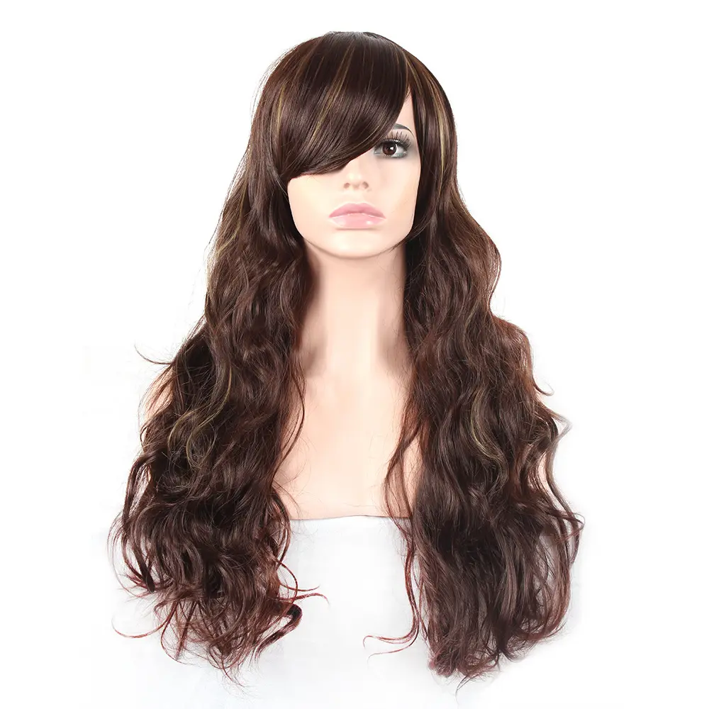 Brown Gold Oblique Bangs Women Long Curly Hair Synthetic Fluffy Costume Brown Wig