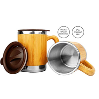Botol Termos Bambu 450ml dengan Logo Kustom, Botol Air Bambu dengan Baja Anti Karat, Mug Perjalanan Bambu Baru, Mug Modern dengan Pegangan