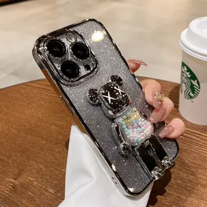 Capa com suporte de urso para iphone 15 pro max, case à prova de choque com revestimento de glitter para iphone 14 plus 13 pro 12 11 XS Max XR