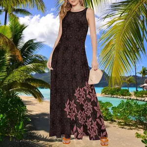 Vestidos vintage cuello redondo plumeria impresión elegante slim fit vestido largo Polinesia tribal verano casual nueva vestido sin mangas