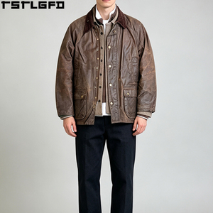Oem Odm Waxed Cotton <b>Jacket</b> Corduroy Collar Vintage Distressed Brown Field <b>Jacket</b> Water Resistant Hunting Coat Bulk - Product Image 5