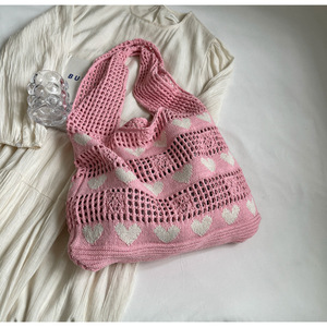 Ins Style Heart Pattern Hollow Knitted <b>Tote</b> <b>Bag</b> For Women Large Capacity Shopping Beach <b>Woven</b> Shoulder Handbag New Arrival - Product Image 3