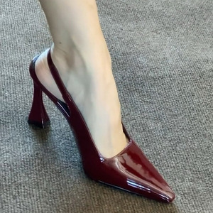 Women's Sexy Wine Red Baotou <b>Sandals</b> With Patent Leather Tapered Horseshoe Pointed Heel Open Back High Heel Shoes for Summer - Product Image 3