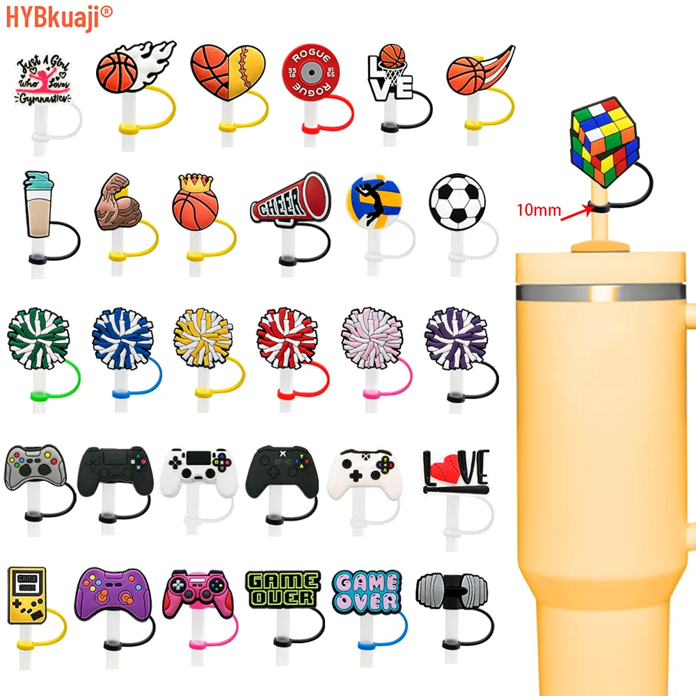 10mm custom drinking Sport Series silicone straw covers cap cute cartoon cow gamepad silicone straw toppers