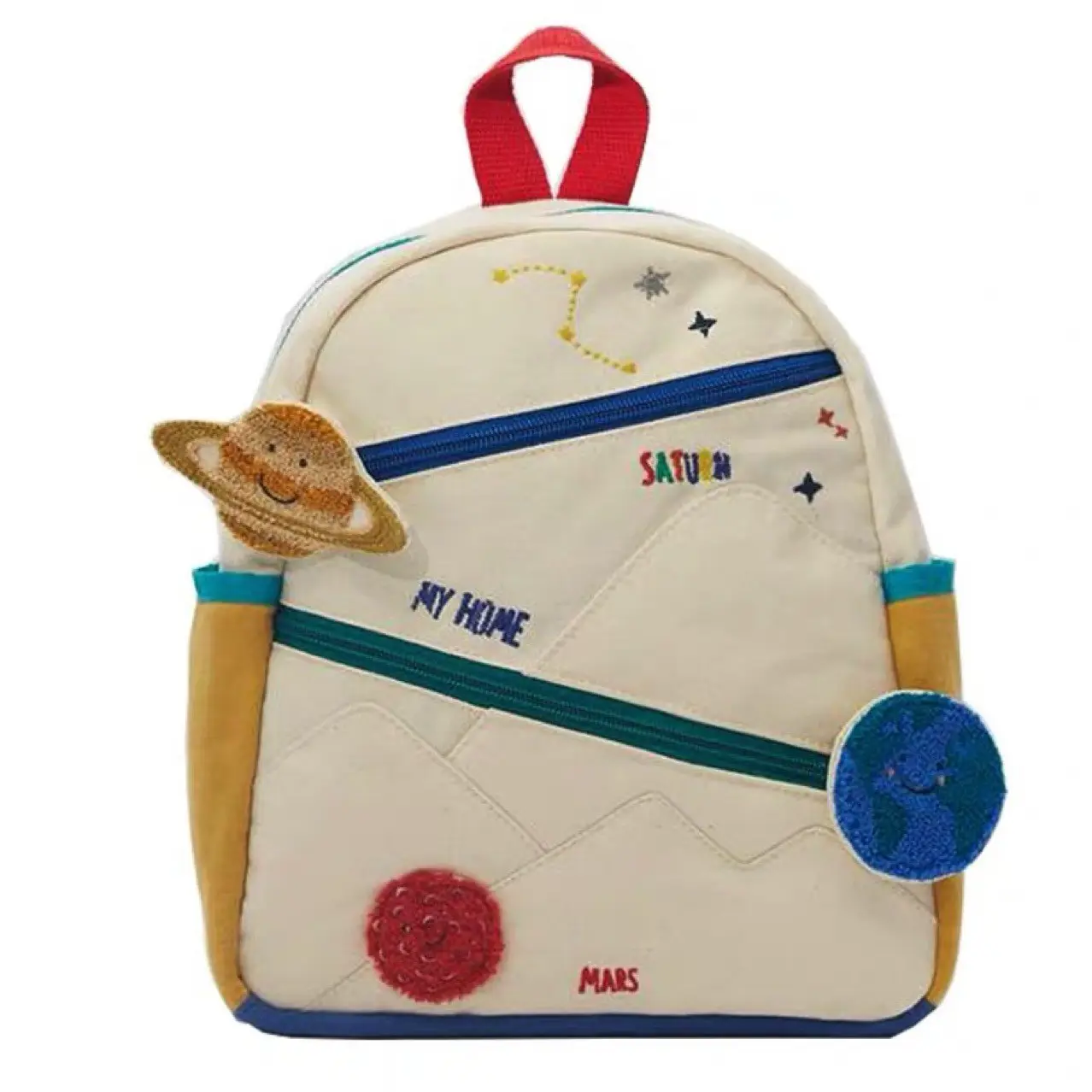 Venta caliente patchwork bolsa de lona de algodón Saturno planeta mochila bordada linda chica colorida mochila mochilas escolares