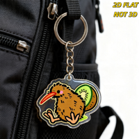 Gantungan Kunci Akrilik Burung Kiwi & Buah yang Lucu Desain Kartun Menggemaskan dengan Pipi Merah Muda, Paruh Oranye & Irisan Kiwi Hijau
