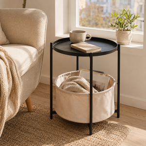 Wholesale Round Side <strong>Table</strong> with Fabric <strong>Storage</strong> Basket Metal Frame Removable Tray <strong>End</strong> <strong>Table</strong> for Living Room - Product Image 1