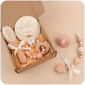 BPA Free Crochet Baby Teether Doll Beech Wood Newborn Teether Ring Pacifier Clip Baby Milestone Birth Gift Box 6pcs/set