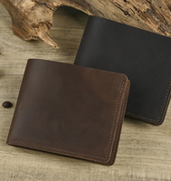 Dompet Kulit Asli Crazy Horse Kustom untuk Pria, Dompet Lipat Vintage, Dompet Pendek dengan Logo OEM, Dompet Pria
