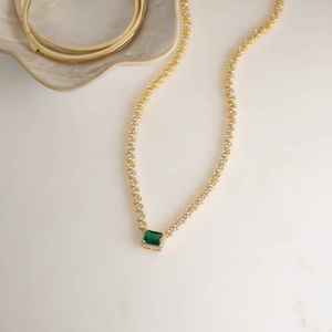 Green Emerald or White Round Cut Moissanite Diamond Tennis Necklace 925 Sterling <b>Silver</b> Gold Plated <b>Choker</b> Engagement Gift - Product Image 3