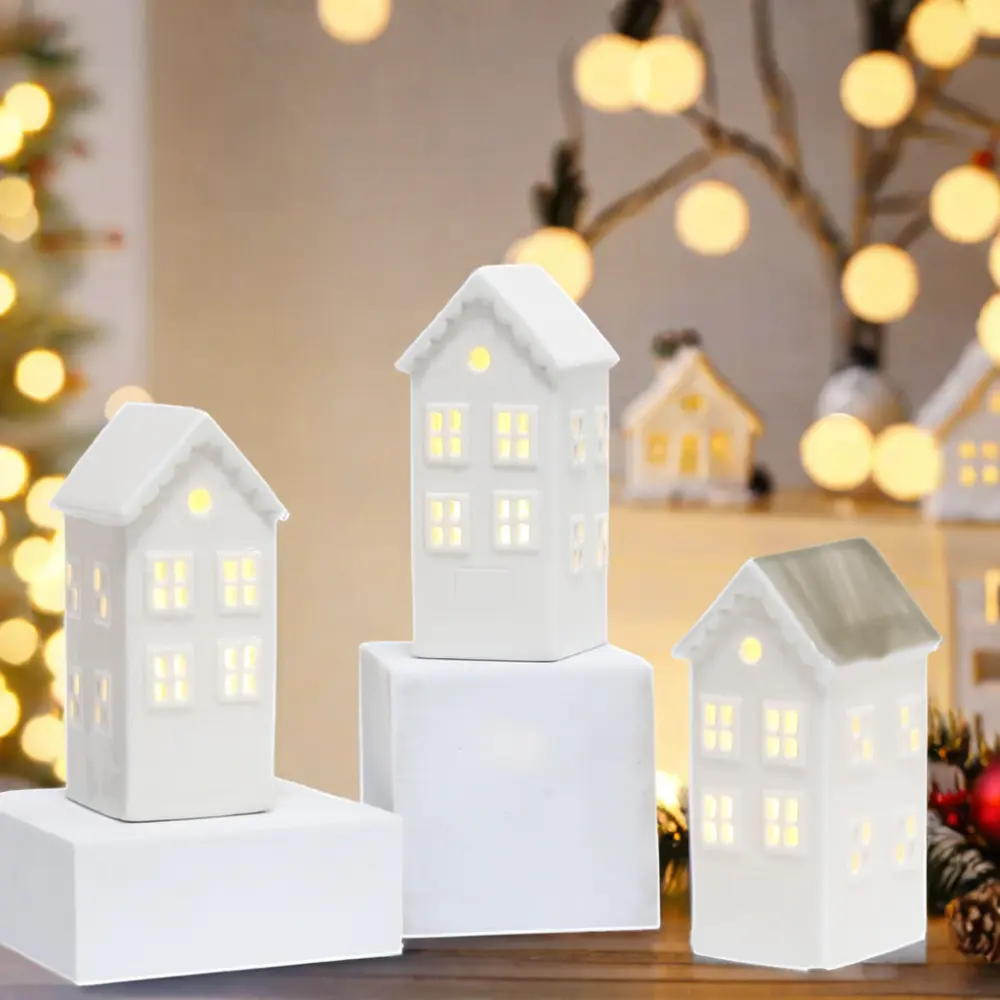 White Porcelain LED Holder Lighted House Christmas Figurine   Toys Decorative Ceramic Lighting for Festive Occasions