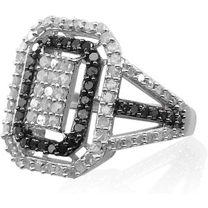 Anillo de compromiso con halo rectangular de diamantes blancos y negros, plata de ley, color G H, corte redondo, joyería para mujer - Product Image 2