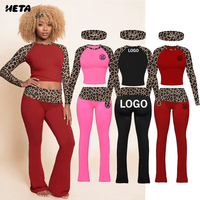 Ensemble 3 pièces décontracté pour femme avec logo personnalisé, imprimé léopard, manches raglan longues, pantalon taille haute et bandeau – Collection été 2026