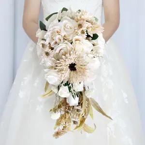 Diy wedding bouquets home faux sunflower artificial white silk flowers fake gold roses bridal bunch artificial flower bouquets