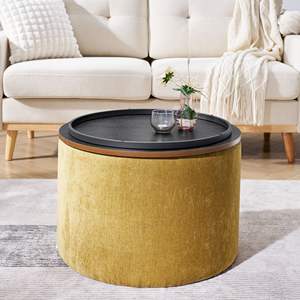 DB 2-Piece Set Round Chenille Storage Ottoman with Drum Shaped Small Stool MDF Made <b>Desktop</b> for Bedroom <b>Application</b> - Product Image 4