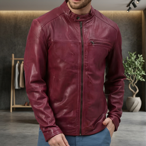 Chaqueta de cuero burdeos para hombre, estilo motociclista, con cierre de cremallera, cuello alto, abrigo sólido estilo biker. - Product Image 2