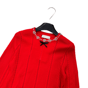 Suéter de punto acanalado con detalle de lazo de diamantes de imitación para mujer, top informal de manga larga con cuello redondo - Product Image 4