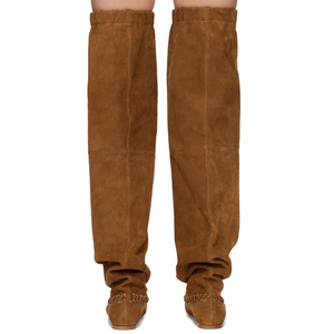 Botas planas de mujer con lazo frontal por encima de la rodilla, de gamuza, con orificios metálicos decorativos, elástico superior ancho y corte holgado, estilo pantalón - Product Image 4