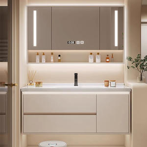 Lavabo de baño moderno estilo crema con gabinete con espejo LED y lavabo integrado sin juntas - Product Image 3