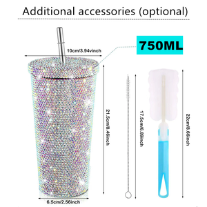 Gobelet en cristal de luxe de 17 oz avec strass placés à la main, matériau en acier inoxydable, isolation thermique chaude, couvercle en paille de café - Product Image 3