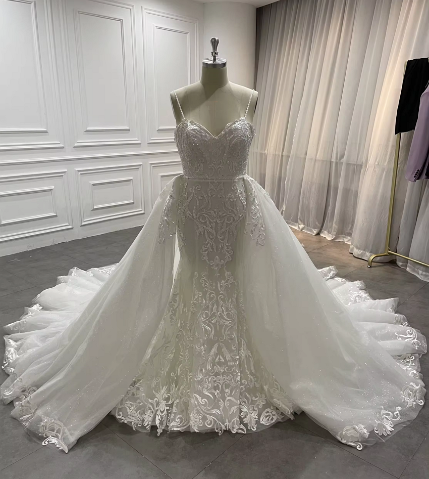 Luxury Mermaid Lace Appliques Wedding Dress & Detachable Skirt, OEM