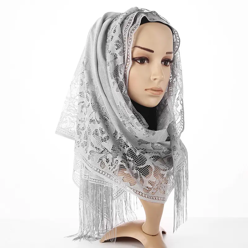 Muslim Headscarf Pure Lace Hollow Tassel Scarf Female Autumn and Winter Long Veil Scarf Europe and America Women Shawl