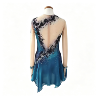 Robe de patinage artistique pour enfants, bleu turquoise dégradé, en dentelle, à manches longues, décolleté en V profond, dos ouvert, ornée de strass faits à la main, coupe irrégulière