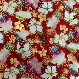 100% Cotton Floral Design Print Fabric With Foil Gold Border Line For Dress