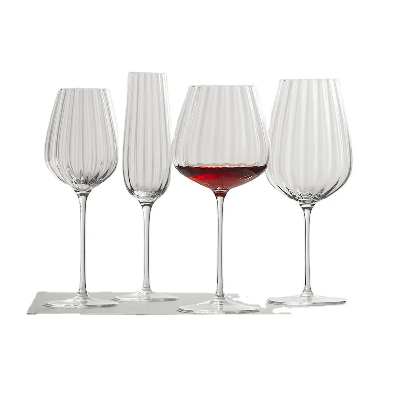 Custom Vintage Red Wine Glass Goblet Luxury Custom Logo Crystal Clear Ribbed Stemless Wine Glasses For Wedding