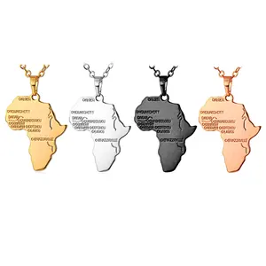 Highlighted Punk Steel African Map Jewellery Etched Logo Stainless Steel Custom Design Black,Gold Map Pendant Necklace