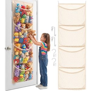 Over The Door Stuffed Animal Storage Cotton Toy Organizer 4 Pockets Beige For <b>Kids</b> Room - Product Image 1