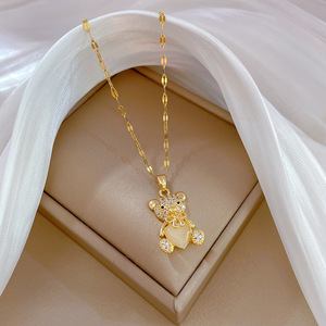 <span class=keywords><strong>Collier</strong></span> en acier inoxydable plaqué or 24 carats, style vintage, avec zircon complet, œil de chat, ours en peluche, élégant et luxueux - Product Image 4